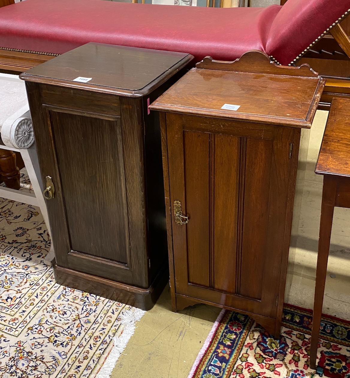 An Edwardian stained pine bedside cupboard and a similar late Victorian oak cupboard